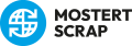 Logo Mostert Scrap beeldmerk wit op blauw en tekst zwart